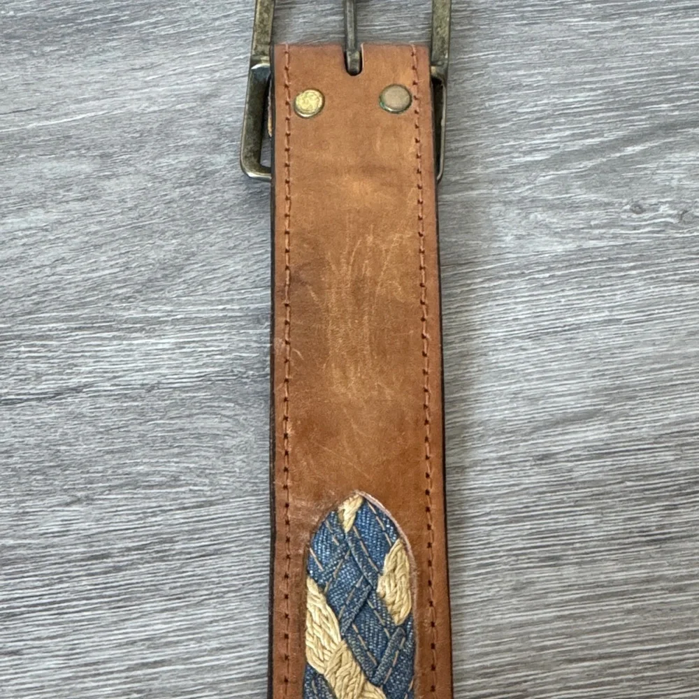 Western Brown Leather Belt with Denim Woven Panel Accents